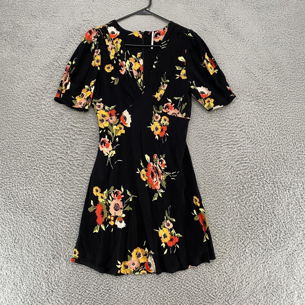 Free People Babydoll Dress Womens 8‎ Neon Garden Floral Puff Sleeve Fit Flare